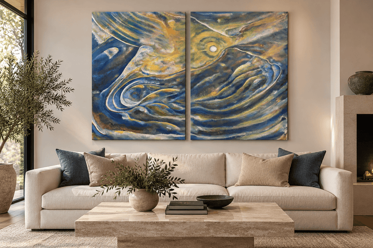 Orbiting the Invisible two-panel abstract oil painting by Laurie Rubell displayed with the canvases separated in a contemporary living room