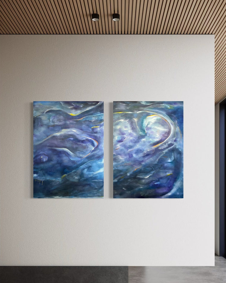 Under Autumn Ashes in Pompeii Abstract Figurative Oil Painting - Laurie Rubell interior view shown with separate canvases