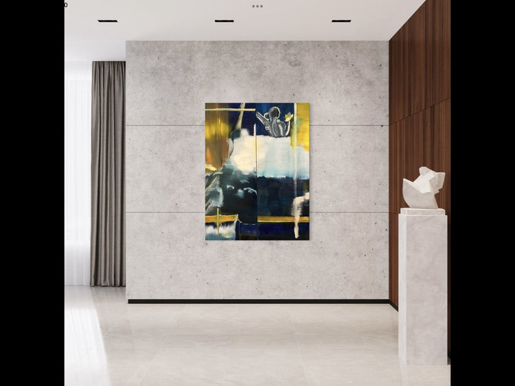 Surround the Lighted Waves two-canvas oil painting displayed in a modern interior