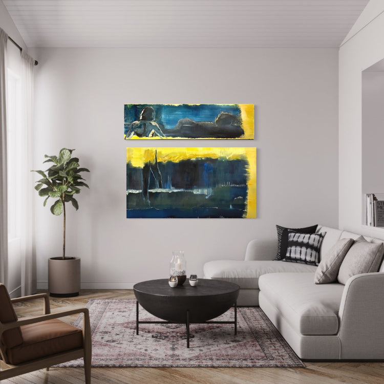 Abstract Figure in Landscape Oil Painting #20 by Laurie Rubell, two canvases displayed separately in an interior setting
