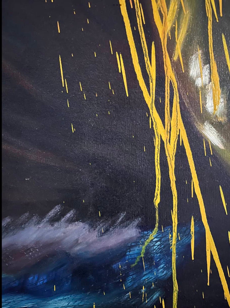 Detail of Abstract Figure in Landscape Oil Painting #5 showing layered color, brushwork and poured paint
