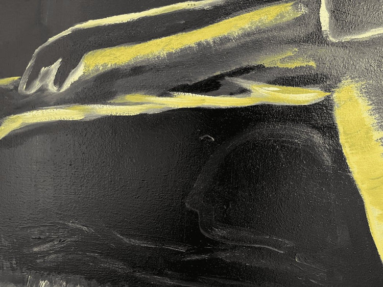 Detail of Abstract Figures in Landscape #1 showing layered oil paint, black drips and expressive brushwork