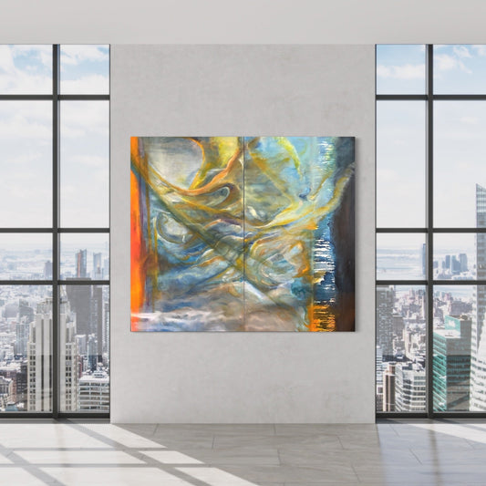 Abstract Figures in Landscape,Oil on Canvas #29 by Laurie Rubell displayed on a wall