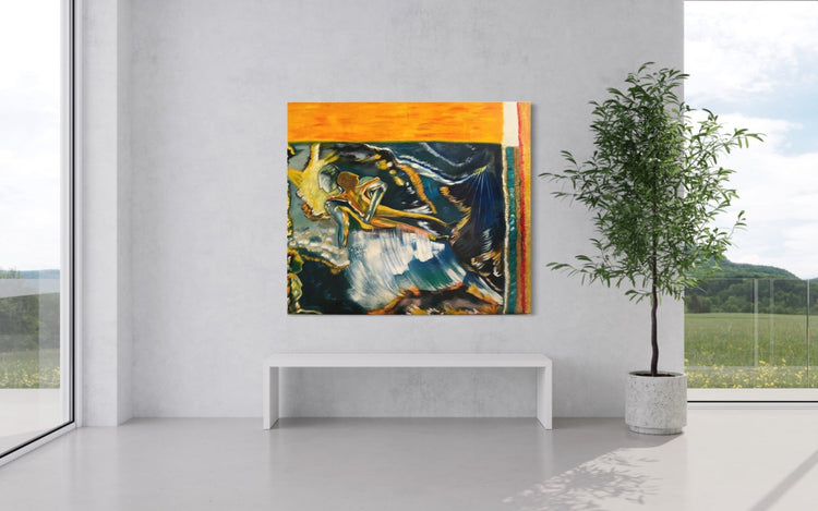 Abstract Figures in Landscape #3 large abstract oil painting displayed in a modern interior