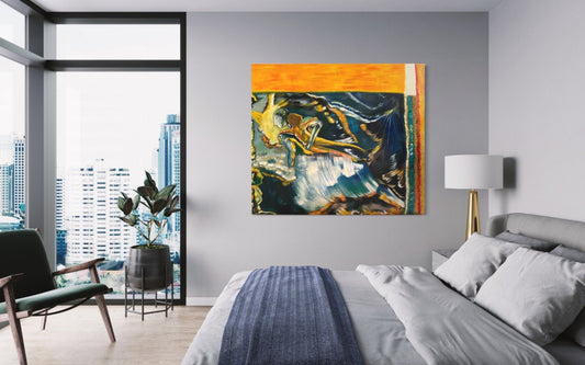Abstract Figures in Landscape,Oil on Canvas #3 - Laurie Rubell displayed on interior wall