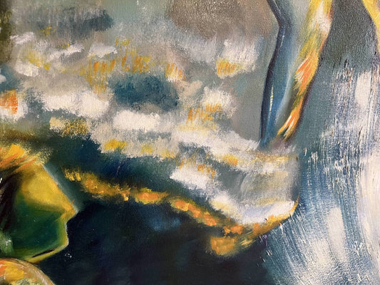 Detail of Abstract Figures in Landscape #3 showing layered oil paint, flowing drips and expressive brushwork