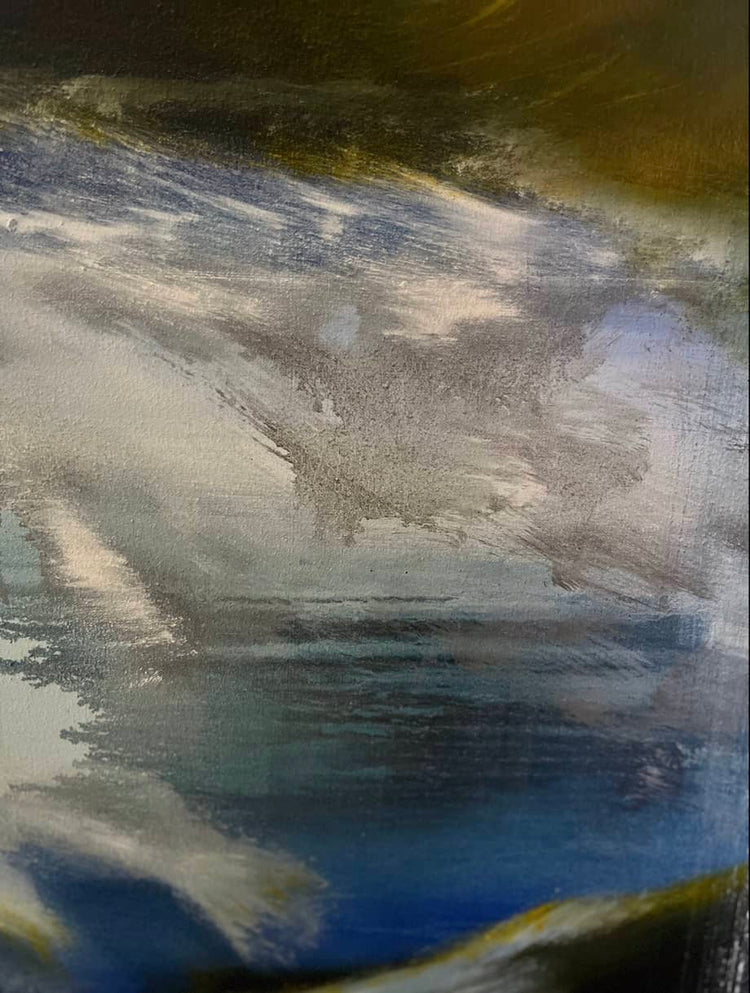 Detail of Abstract Figures in Landscape #34 showing layered blue oil paint and expressive brushwork