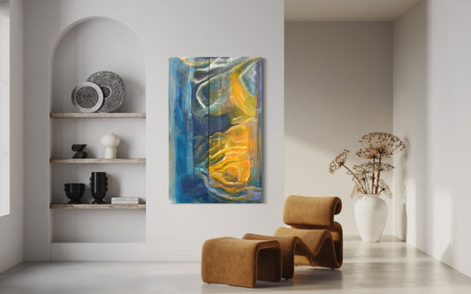 Abstract Figures in Landscape Oil on Canvas #35 - Laurie Rubell displayed on interior wall