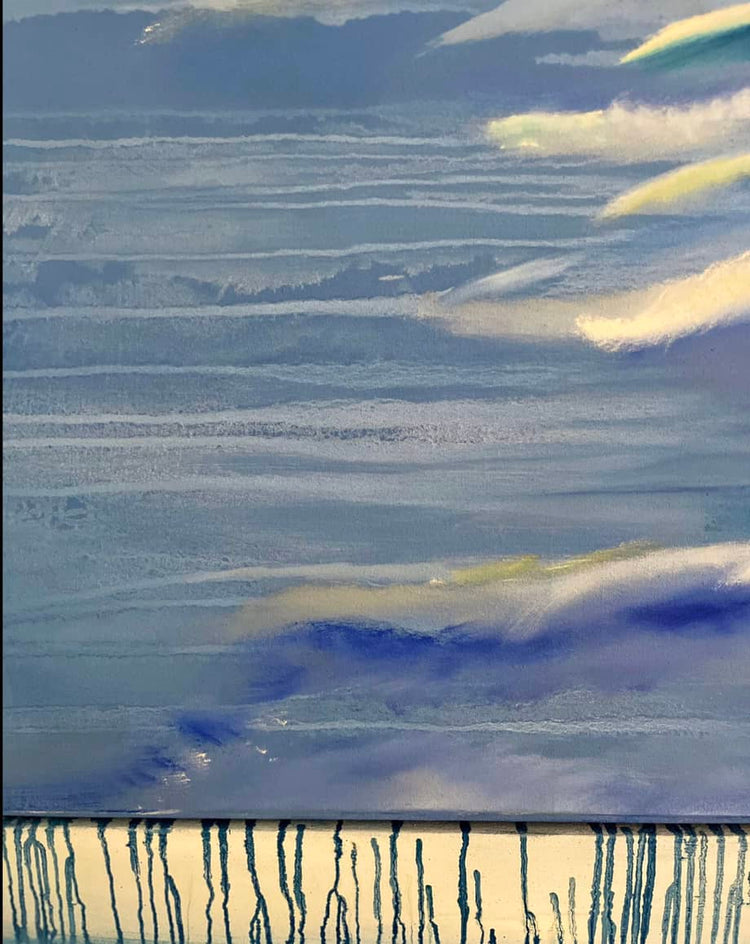 Detail of Abstract Figures in Landscape #36 showing layered blue oil color and expressive brushwork