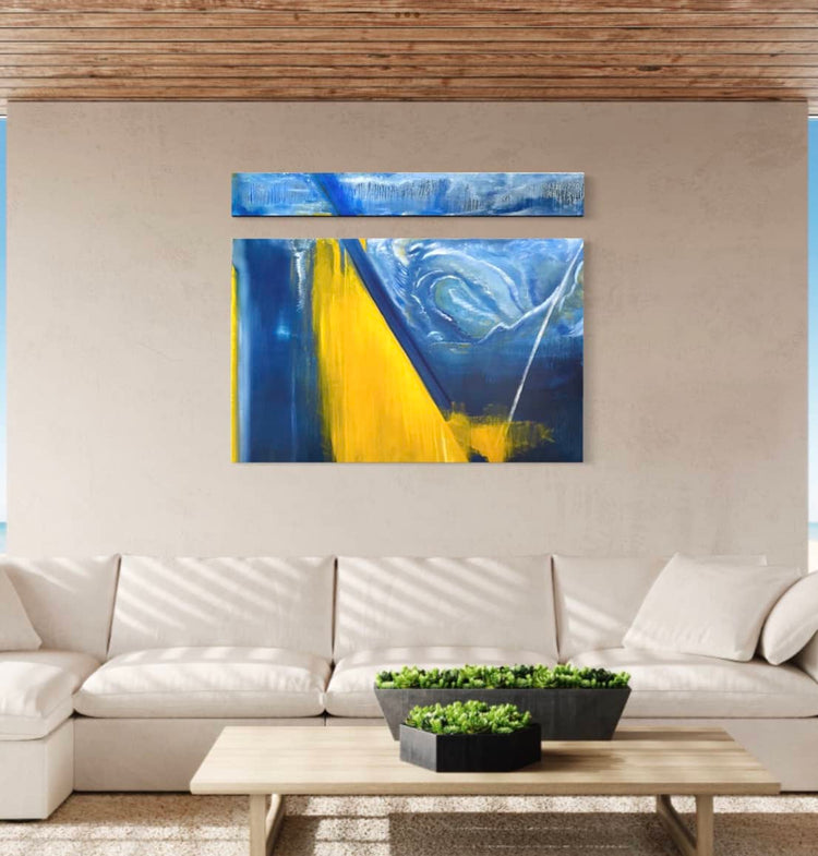 Two-canvas abstract figurative landscape oil painting #37 in an interior setting