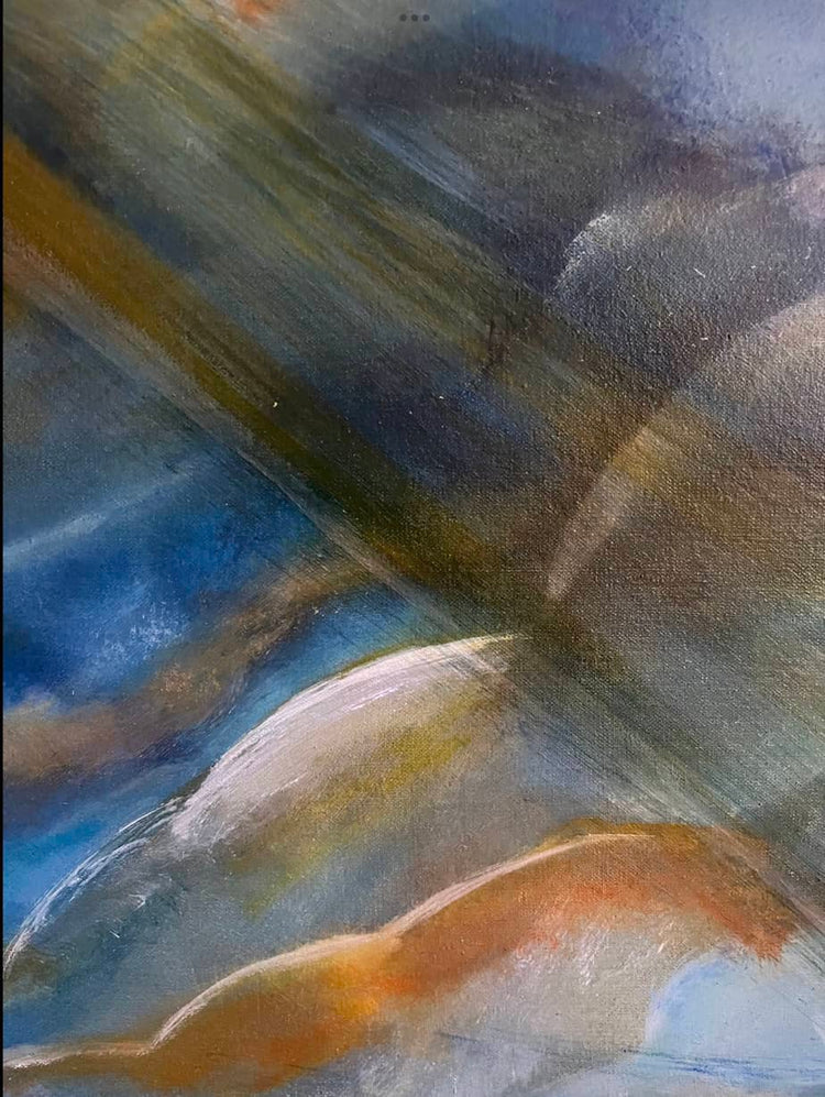 Detail of Abstract Figures in Landscape #29 showing layered blue oil paint, drips and expressive brushwork