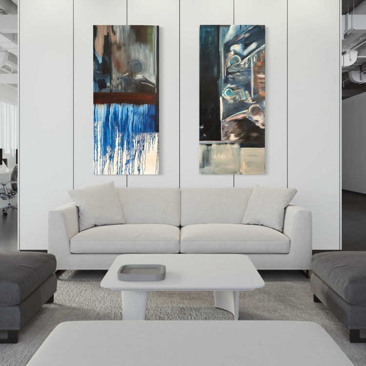 Abstract Figures in Landscape, Oil Painting #16 shown with the two canvases separated