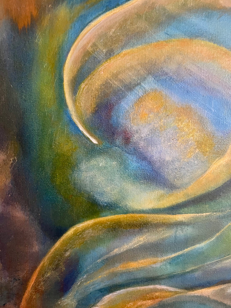 Close-up of Ascending Landscape showing colorful brushwork, lines and layered texture