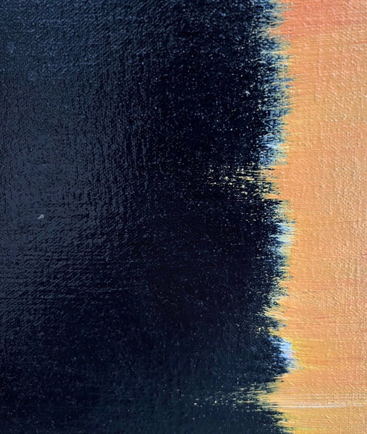 Detail of Abstract Oil Painting #14 showing layered blue and black color, drips and expressive brushwork