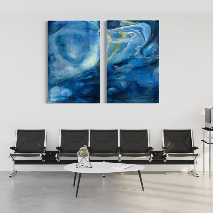 Collapsing the Sky diptych by Laurie Rubell, two canvases displayed separately on an interior wall