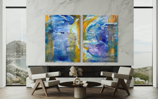 Dividing the invisible Star Abstract oil painting Laurie Rubell displayed on a wall