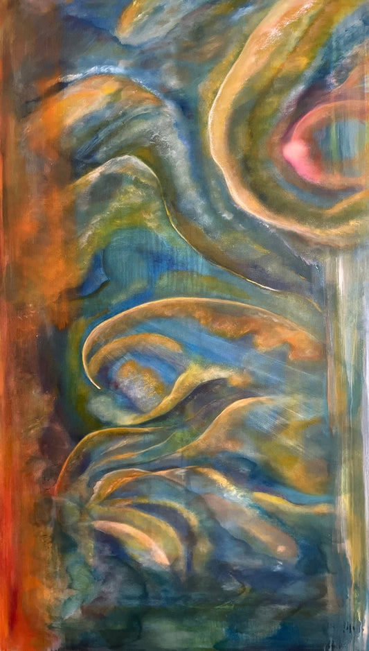 Abstract oil painting by Laurie Rubell with flowing blue, green and gold brushstrokes, orange along the left edge and a pink accent.