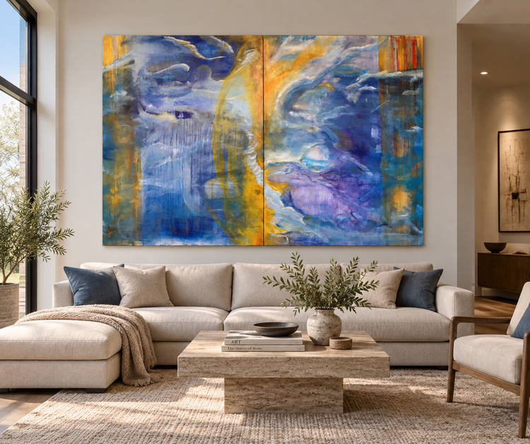 Dividing the Invisible Star,abstract oil painting by Laurie Rubell displayed in a contemporary living room