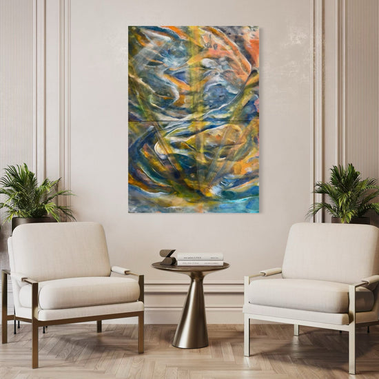 late november echoes,abstract figurative oil painting by Laurie Rubell displayed on a wall