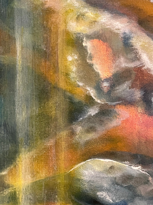  Detail of Late November Echoes showing layered color and brushwork in an abstract figurative oil painting