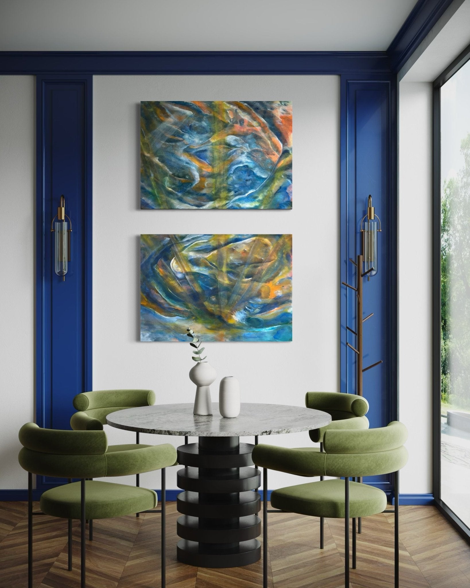 Late November Echoes,Abstract figurative oil painting by Laurie Rubell shown with two separate canvases 