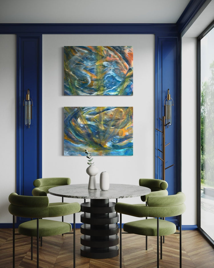 Late November Echoes,Abstract figurative oil painting by Laurie Rubell shown with two separate canvases 