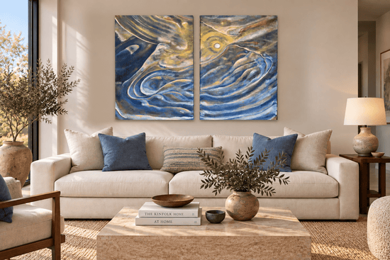Orbiting the Invisible two-panel abstract oil painting by Laurie Rubell displayed with the canvases separated in a contemporary living room