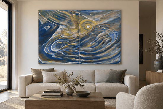 Orbiting the Invisible abstract oil painting diptych by Laurie Rubell displayed in a modern interior