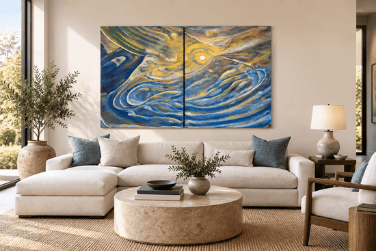 Orbiting the Invisible abstract oil painting diptych displayed in a modern living room
