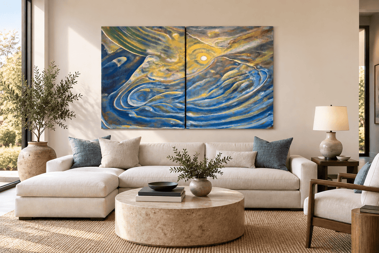 Orbiting the Invisible abstract oil painting diptych displayed in a modern living room