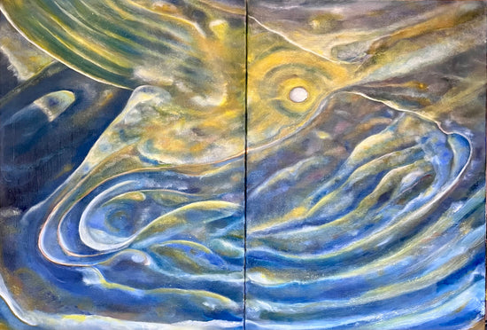 Orbiting the Invisible, original two-canvas abstract oil painting diptych by Laurie Rubell