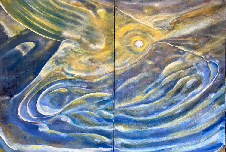 Orbiting the Invisible, original two-canvas abstract oil painting diptych by Laurie Rubell