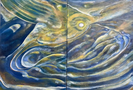 Orbiting the Invisible β original abstract oil painting diptych by Laurie Rubell in blue, gold and white on two canvases