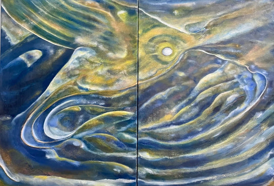 Orbiting the Invisible – original abstract oil painting diptych by Laurie Rubell in blue, gold and white on two canvases