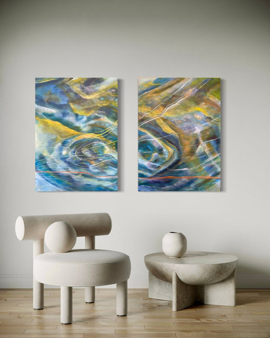 Sometimes all at once, Abstract Figurative oil painting. - Laurie Rubell interior view on a wall 