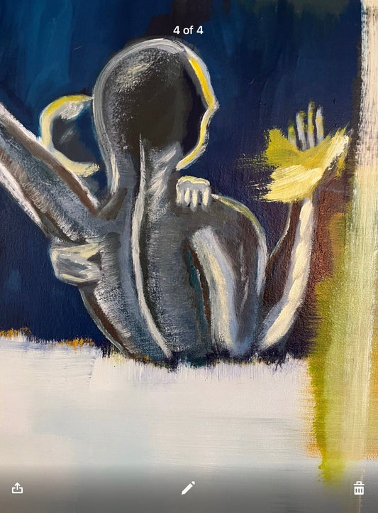  Detail of Surround the Lighted Waves showing layered blue color, drips and expressive brushwork