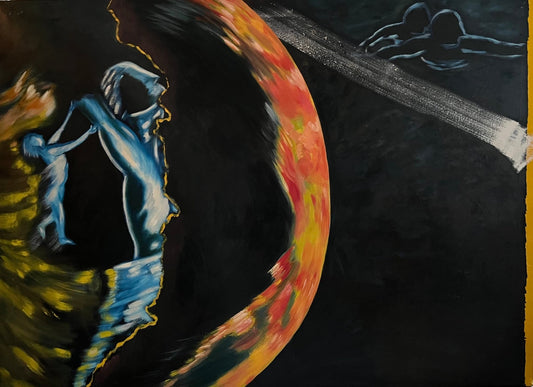 Night revealing abstract oil painting figures in landscape Laurie Rubell