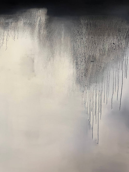 Detail of Abstract Black and White Oil Painting #13 by Laurie Rubell showing layered black, white and grey brushwork and texture.