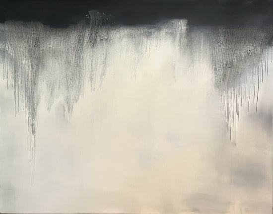 

Abstract black and white oil painting #13 by Laurie Rubell with black paint drips and soft grey forms on a light canvas.