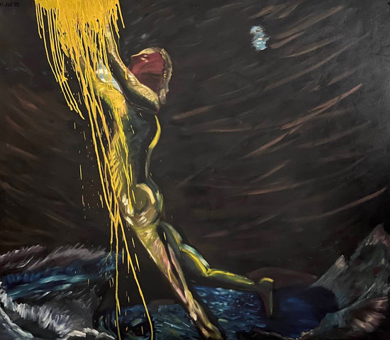 Abstract Figure in Landscape Oil Painting #5 with earth colors and cascading drips of light by Laurie Rubell