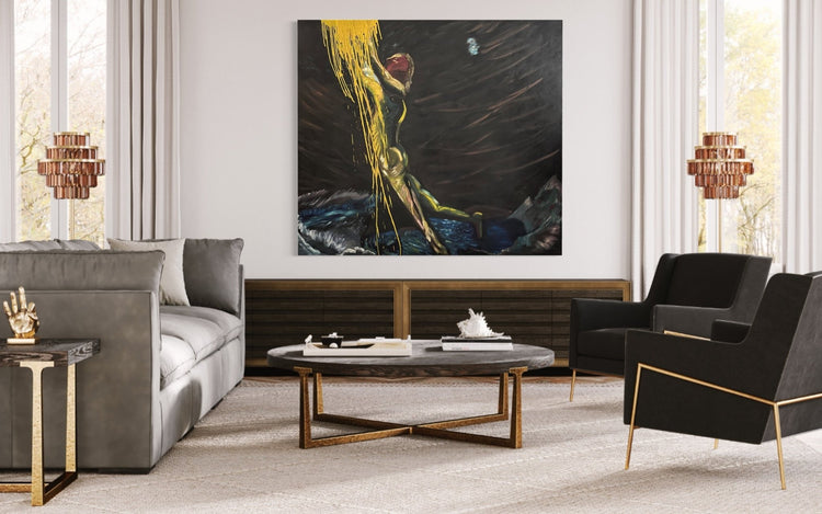 Large abstract figurative oil painting displayed on a wall in a modern interior