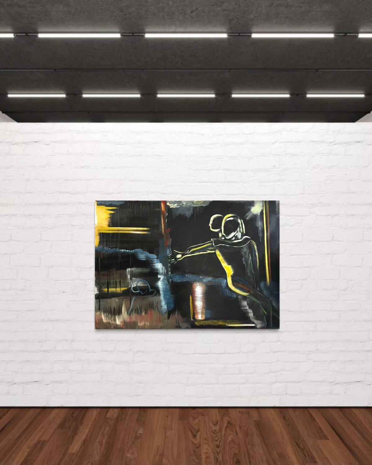  Abstract Figures in Landscape #1 large abstract oil painting displayed in a modern interior
