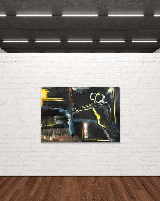  Abstract Figures in Landscape #1 large abstract oil painting displayed in a modern interior