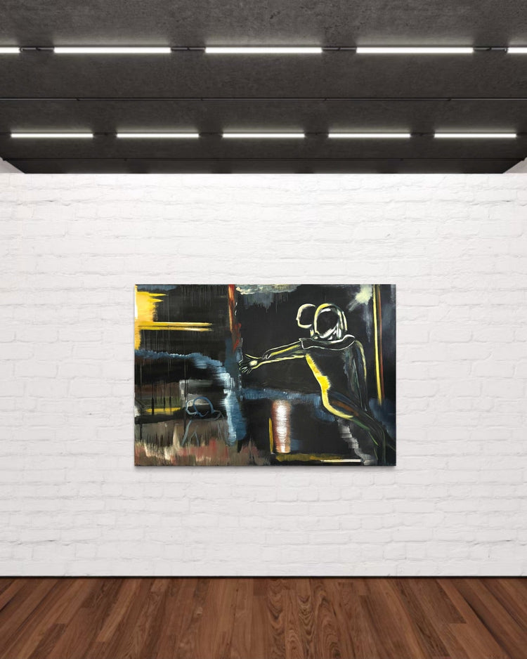 Abstract Figures in Landscape #1 large abstract oil painting displayed in a modern interior