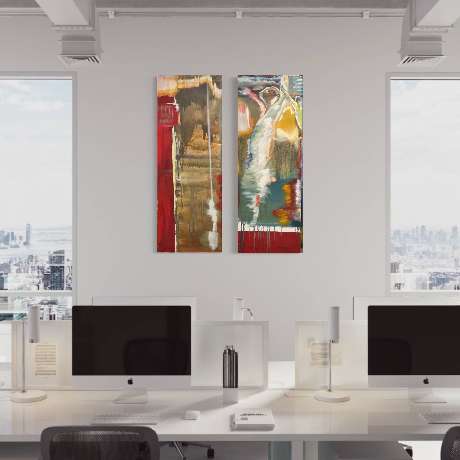 Abstract Figures in Landscape,Oil on Canvas #18 - Laurie Rubell interior view on a wall with separate canvases 