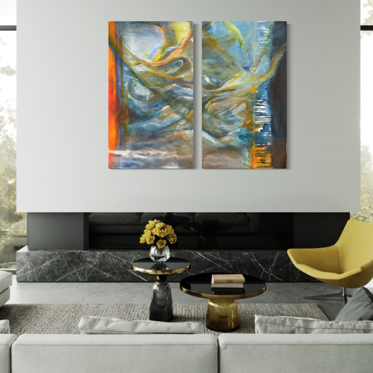 Abstract Figures in Landscape #29 shown with the two canvases separated in an interior