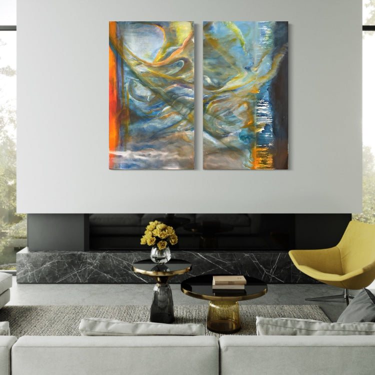 Abstract Figures in Landscape #29 shown with the two canvases separated in an interior