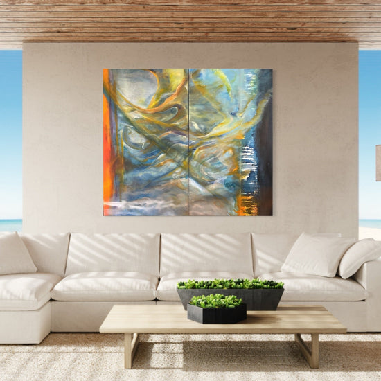 Abstract Figures in Landscape #29 displayed on a wall in a contemporary living room
