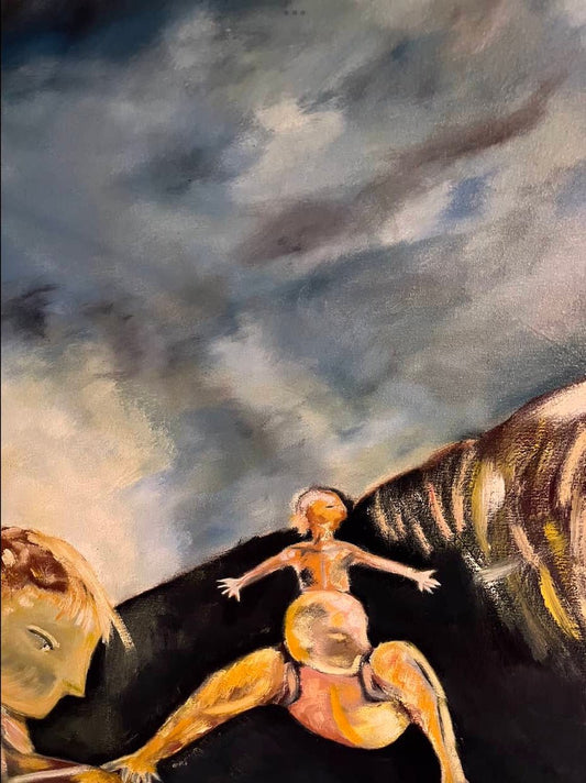 Detail of Abstract Figures in Landscape #32 showing layered oil paint, black drips and expressive brushwork