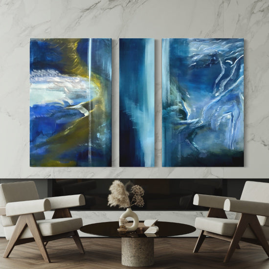 Abstract Figures in Landscape #34 shown with three canvases separated on an interior wall